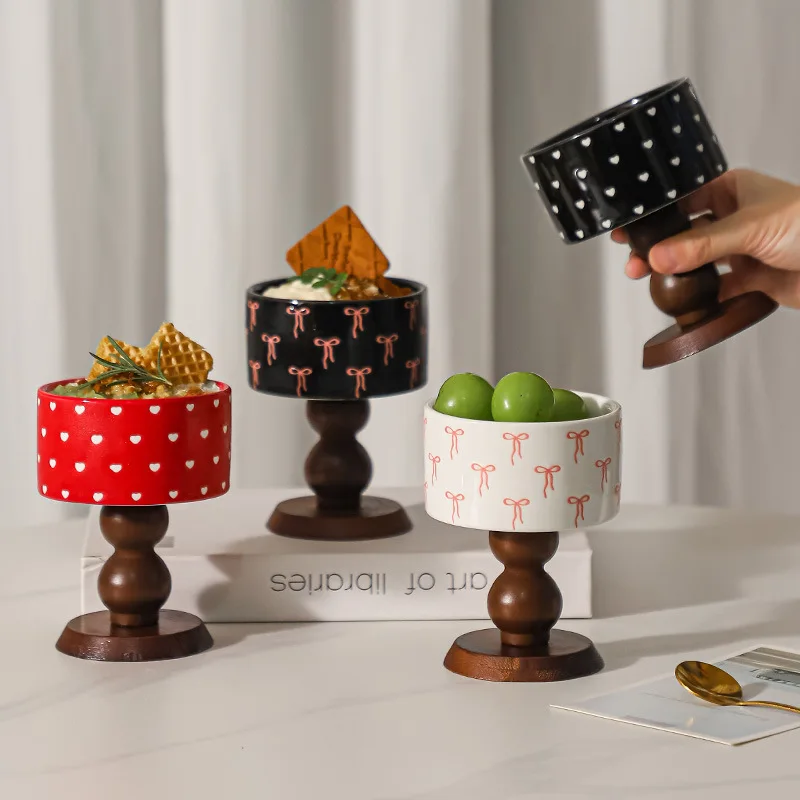 

Чашка для десерта, сине-белая фарфоровая миска, деревянная миска для мороженого на высоких ножках, подсвечник для домашнего кафе, декора, подарочный набор