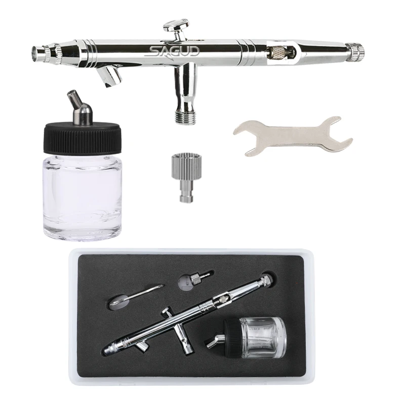 SAGUD 0.3/0.5/0.8mm Dual Action Airbrush Set Professional Spray Gun 22CC Glass Bottles and Quick Release Nut for Wall Painting