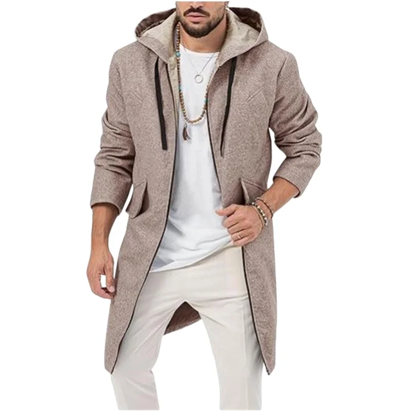 

Autumn Winter Men's Hooded Jacket Long Zip Coat with Lining Wool Blends Streetwear Knee Coats Casual Men's Outerwear Clothing