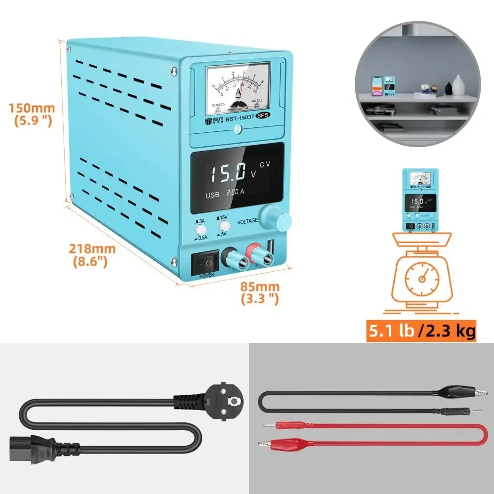 BST-1503T 15V 3A Catu Daya DC untuk Perbaikan Ponsel Catu Daya dengan Layar Penunjuk Digital LED Catu Daya Teratur yang Dapat Disesuaikan