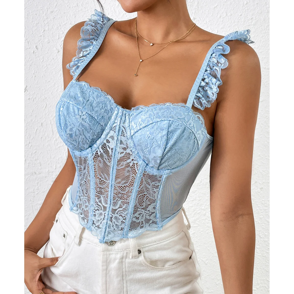 

2025 Summer Tops Lace Mesh Sleeveless Corset Top Sexy Women Straps Fishbone Camisole Slim Fit Backless Tank Tops Fashion Clothes