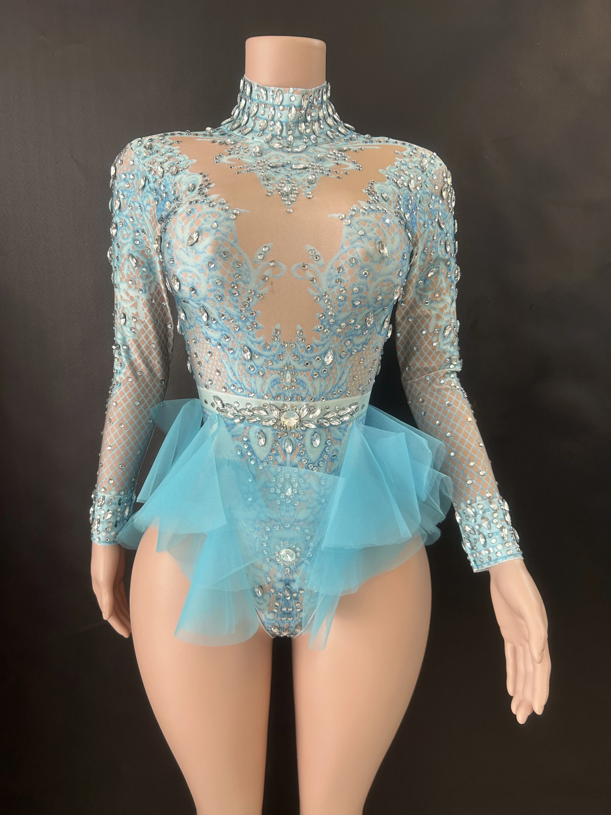 Strass cintilante mulheres elasticidade bodysuit, malha babados, cristal leotard, boate bailarina fantasia, desgaste do palco, roupa de festa, rosa,