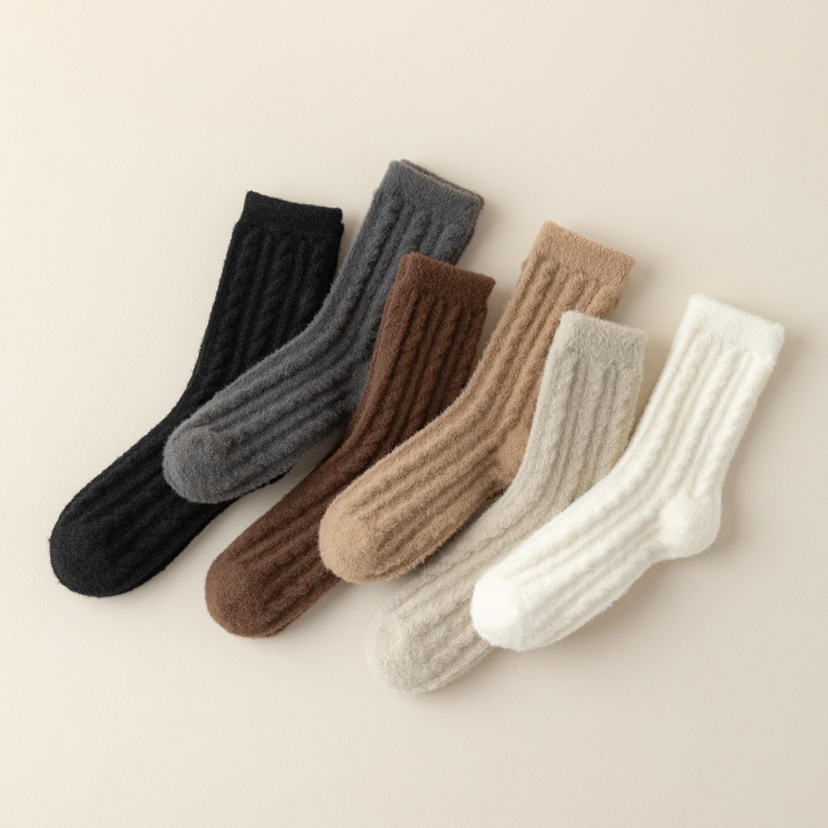 2 Pairs of Women's Autumn and Winter Solid Color Simple Fashion College Style Thick Warm Looped Comfortable Mid Tube Socks