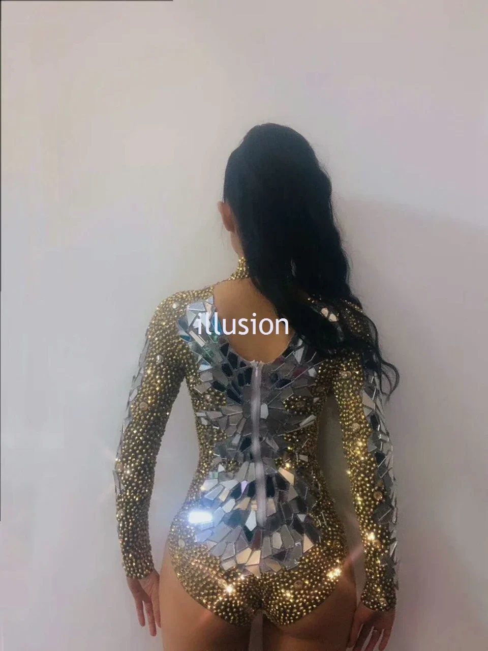 Bodysuit dourado brilhante feminino com strass e espelhos, celebração de aniversário, roupa de festa, DS Bar Cantor, bailarino Show, traje de performance