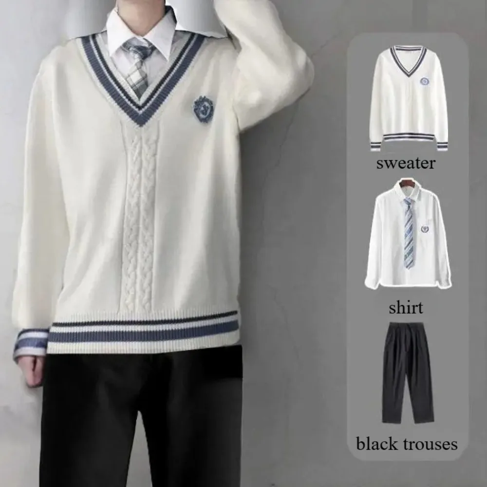Autumn Winter College Style Uniform 3 Pieces Set V Neck Knitted Sweater Shirt Pants Unisex Student Couple Class Matching Outfit