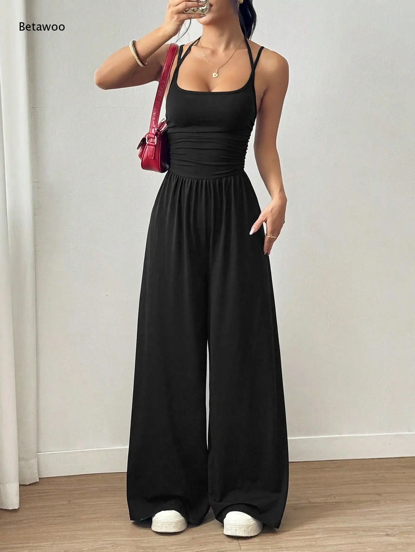 Women Spaghetti Strap Jumpsuit Ruched Waist Ribbed Fabric Wide Leg Casual Ladies Romper