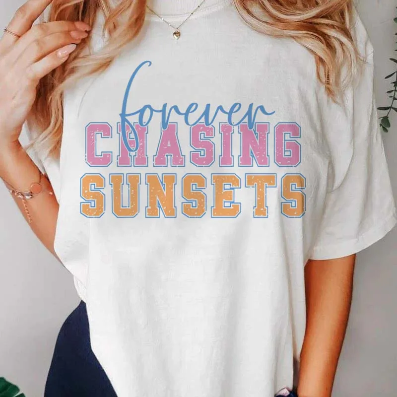 Forever Chasing Sunsets Pattern Letter Printed T-Shirt Basic White Top Short Sleeve Round Neck Street Fashion Women's T-Shirt