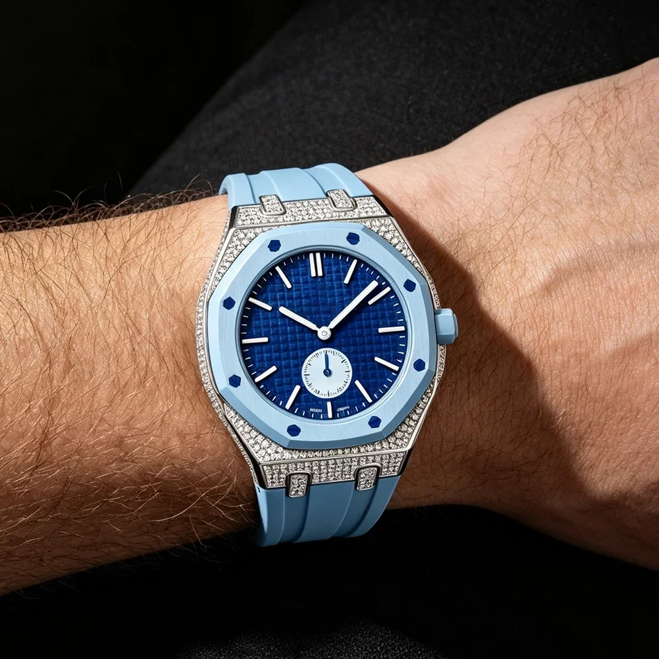 Luxury Moissanite Inlaid Stainless Steel Case Silicone Strap Replacement Modification Set For Swatch X AP Royal Pop Pocket Watch