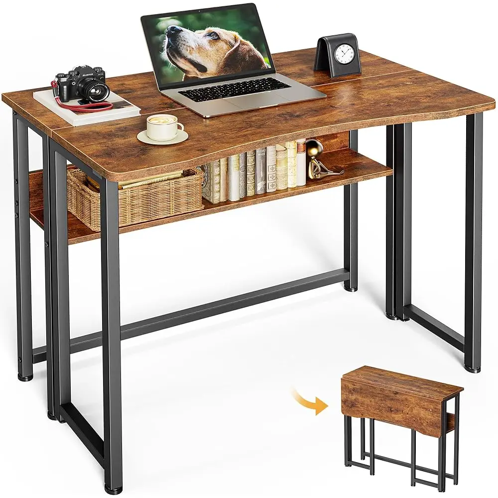 

Folding Desk With Storage Shelf, 31.5 H Foldable Computer Table For Small Spaces, Space Saving Sofa Table For Couch, Writing