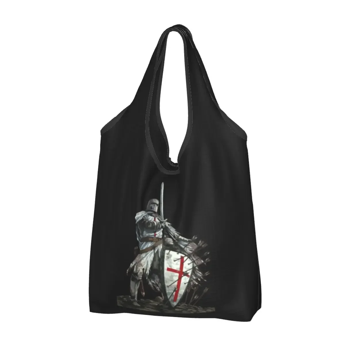 Fashion Print Templar Shield Cross Sword Knights Shopping Tote Bag Portable Shoulder Shopper Handbag