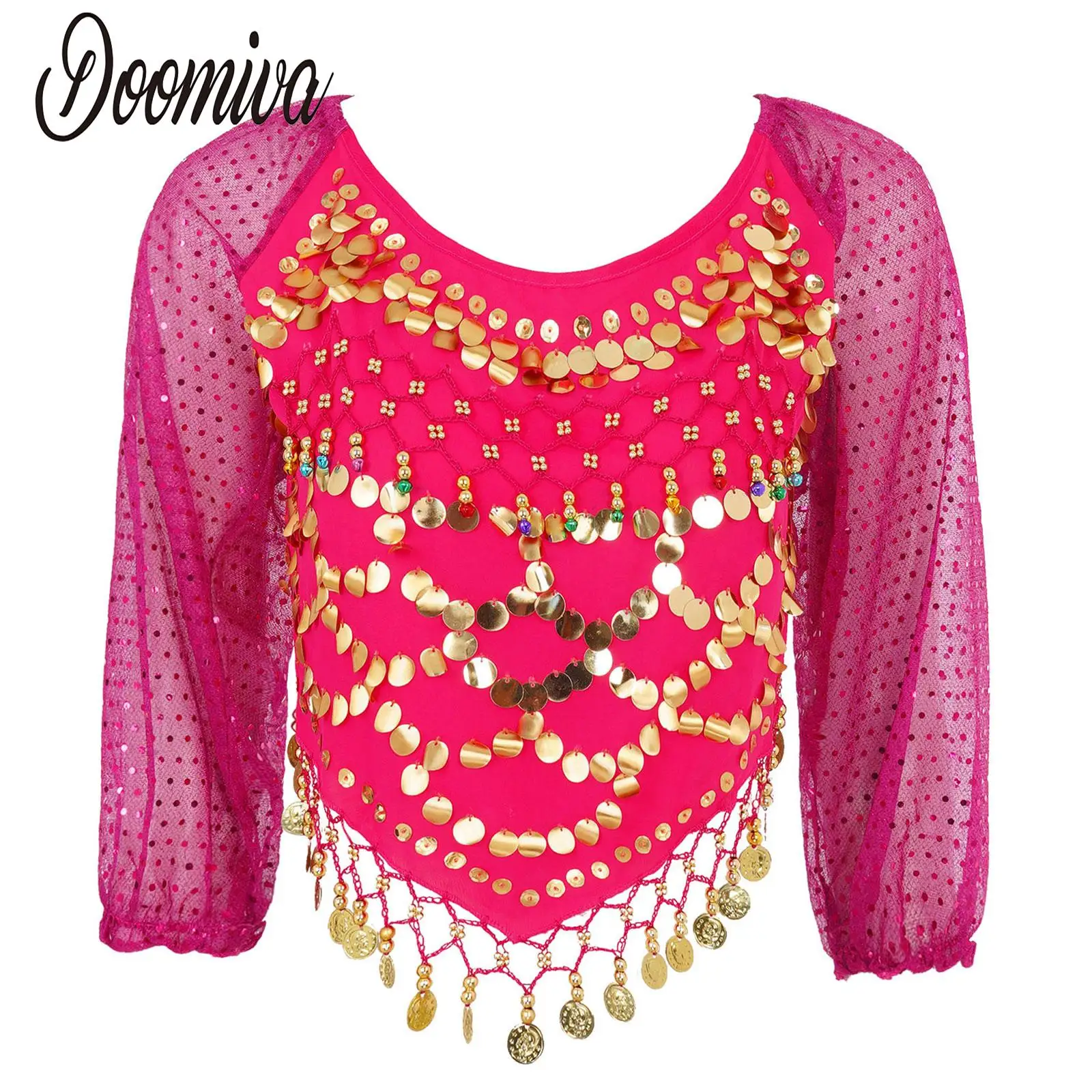 

Bollywood Indian Princess Theme Belly Dance Costume Top for Women Self-tie Back Irregular Hem Crop Top Mesh Long Sleeve Shirts