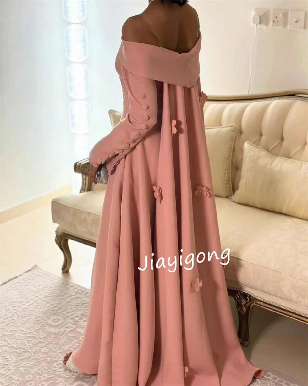 Customized Formal Jersey Button Pleat Applique A-line Boat Neck Long Dresses Bespoke Occasion Fashion Matching