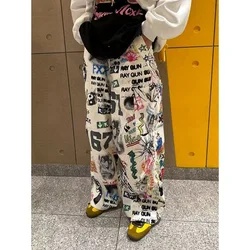 Pantalones con estampado de grafiti para mujer, pantalón de pierna ancha con cordón, estilo Harajuku, holgado, ropa de calle coreana Y2k