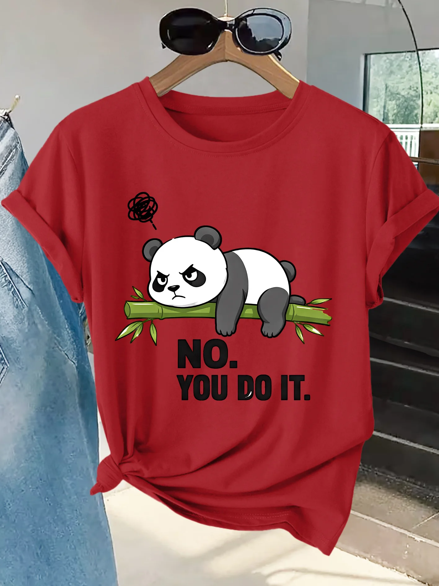 Women's T-shirt Top with Bamboo Blossoming and Angry Panda English Slogan Printed Round Neck Women's Daily Fashion Women's Tops