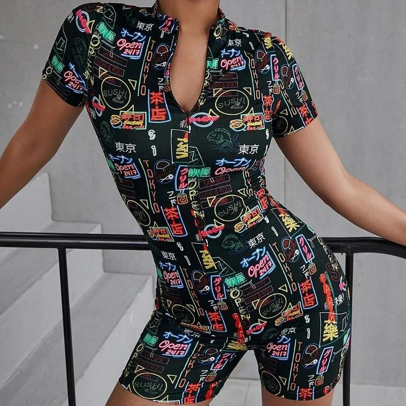 Women Rompers Elastic Fashion Letter Print Hight Cut Knee Length Bodycon Jumpsuit Sexy Night Club Party Playsuit Beach Bodysuits