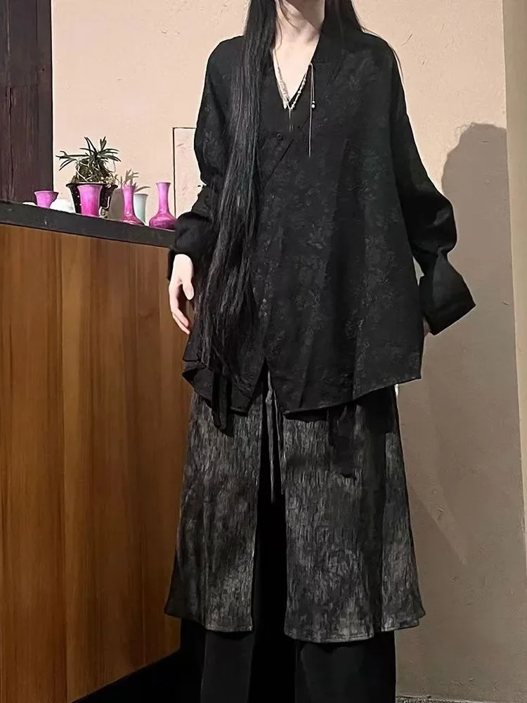 نيو النمط الصيني خمر الرجال والنساء بلوزة مطبوعة Harajuku المتضخم الجرونج قميص Y2k الجمالية الخريف ضمادة الملابس