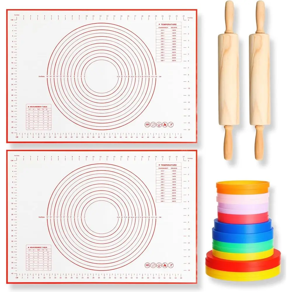 

20 Pcs Rolling Pin Set Include 2 Classic Wood Dough Rollers 16 Adjustable Thickness Guide Rings 2 Pastry Mats Non slip Silicone