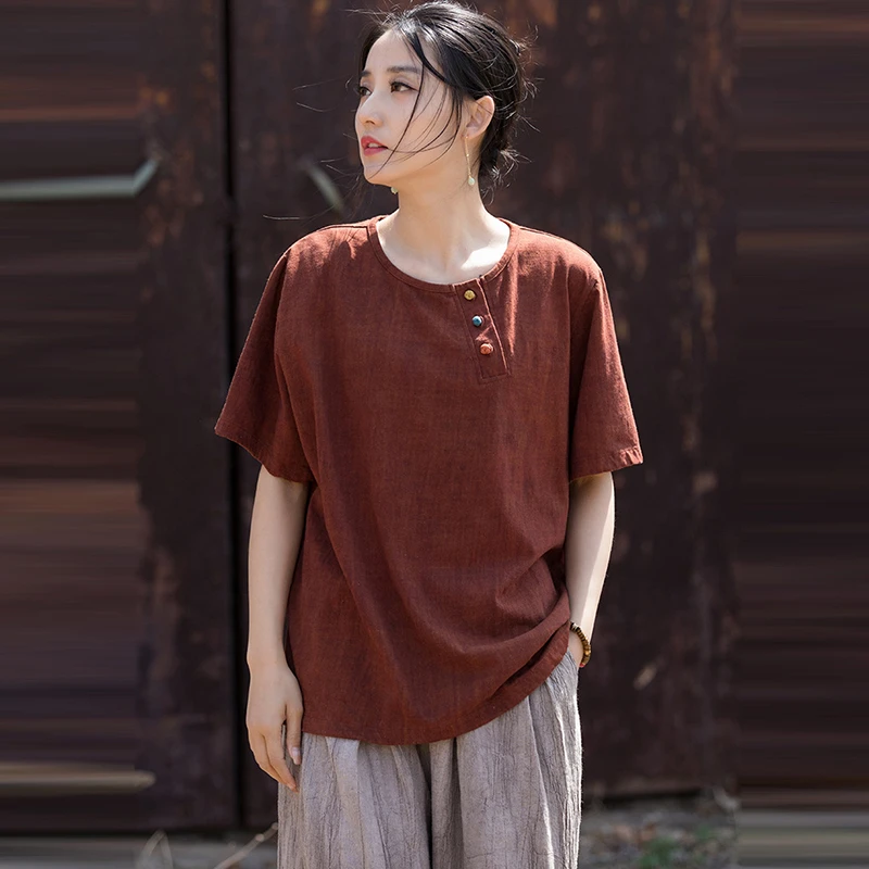 

Women Cotton Linen Casual T-shirts New 2025 Summer Vintage Style O-neck Plain Color Loose Female Short Sleeve Tops Tees M646
