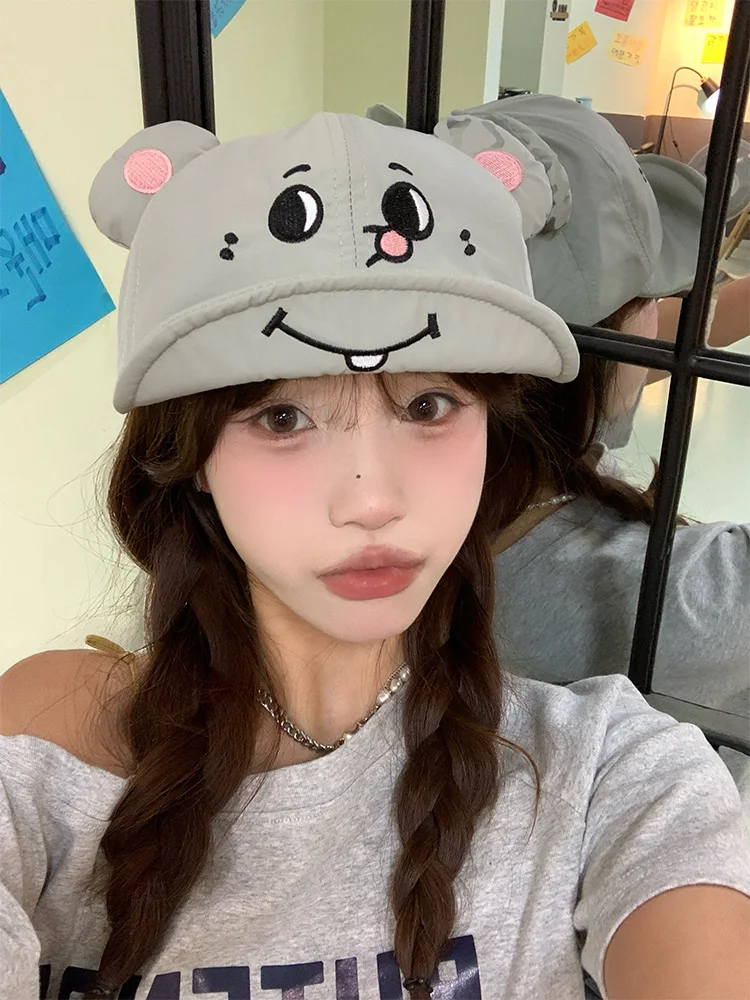 Cute Cartoon Grey Mouse Big Rat Ear Cap Women's Summer Breathable Face Slimming Baseball Cap Sweet Style Short Brim Duckbill Hat