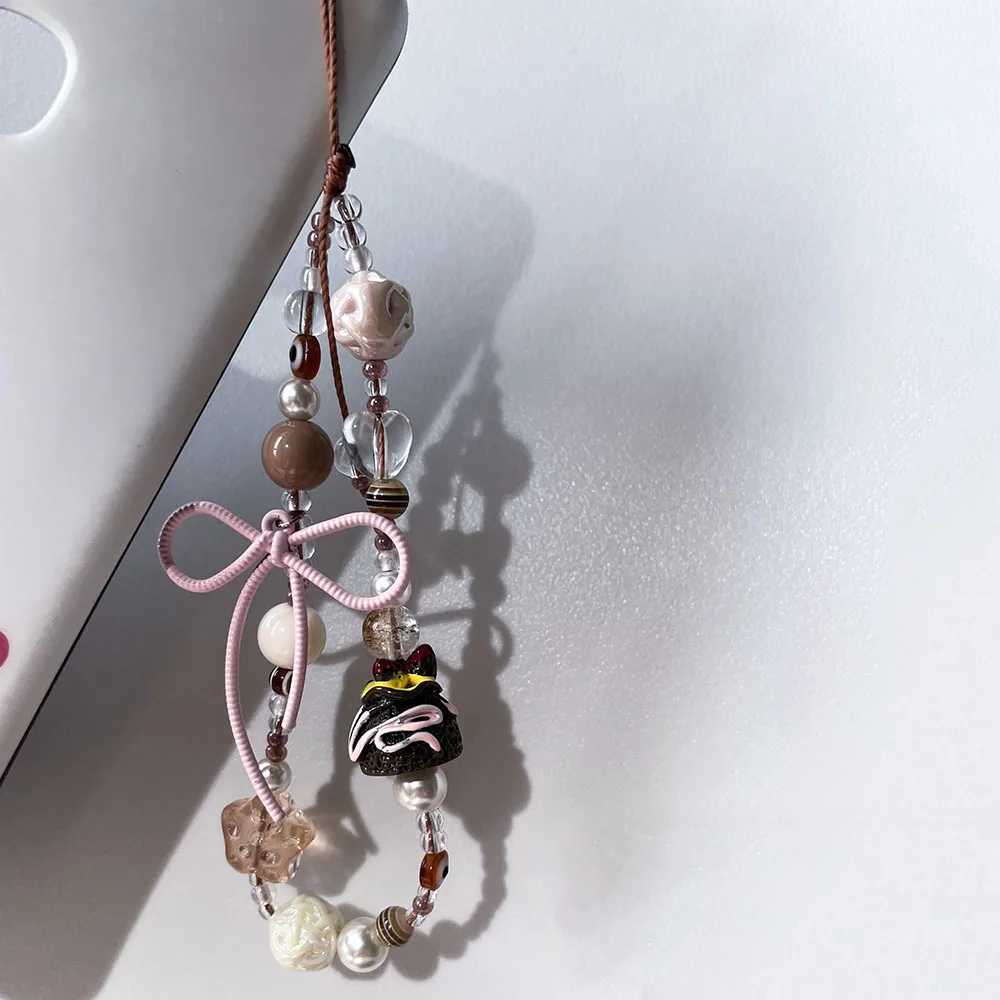 Brown Phone Charm Strap Chocolate Cake Cute Pink Alloy Bow Glass Star Pearl Bead Autumn Jewelry for Keychain Camera Wallet Decor