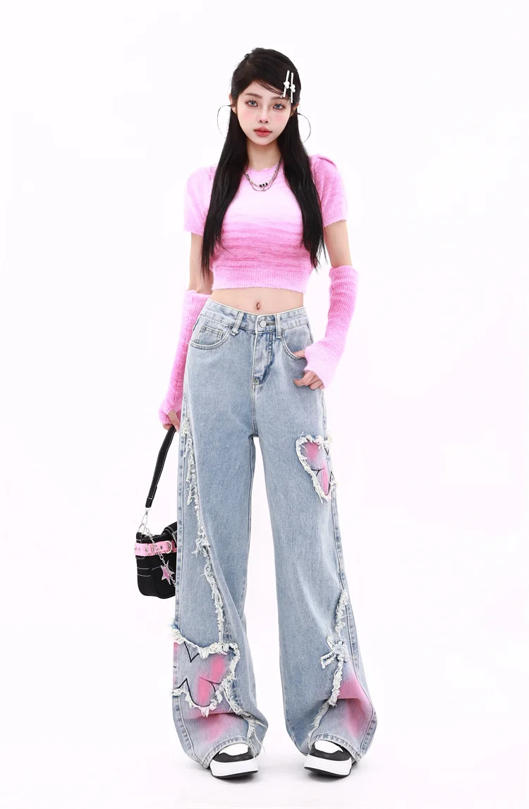 Imagem -02 - Calça Jeans Feminina Azul Folgada de Borboleta Calça Vintage de Vaqueiro Harajuku Denim Roupa Grande e Estética Y2k Anos 2000 2024