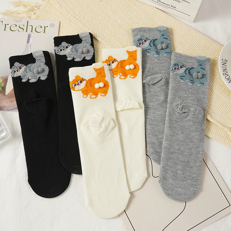 6 Pairs Creative Kitten Ball 3D Middle Tube Socks Soft Cotton Knitted Abstract Socks Kawaii Cat Sleep Sock Women Men Hosiery