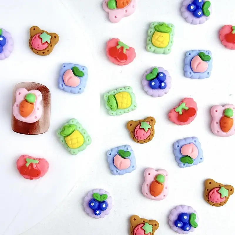 30PCS Cartoon Carrot Pineapple Biscuit Nail Art Decoration Simulated Peach Cherry Fruit Cookies Nail Charms DIY Nail Accessories