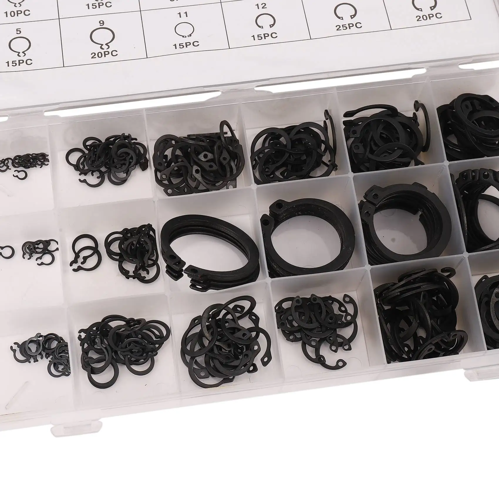 300 piezas C-Clips anillo de presión externo arandela negra Hardware Cir Clip juego de anillos de retención para sujetadores industriales 18