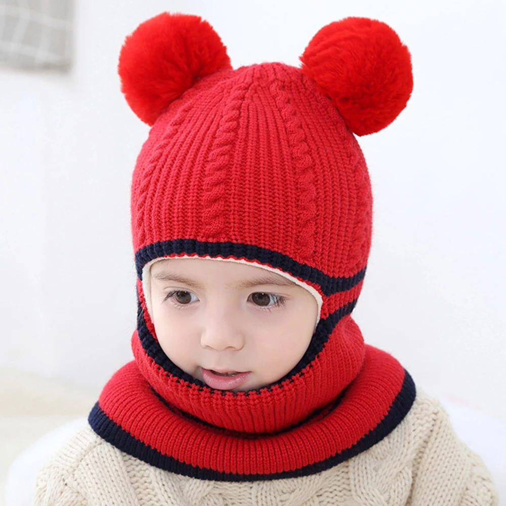 Children\'s Caps Boys Girls Knitted Woolen Beanie Hat Winter Baby Warm Hats With Scarf Cover For Kids 1-6 Year Windproof Cap