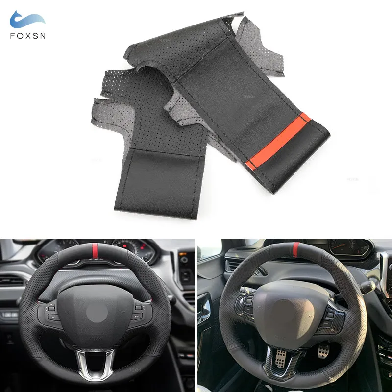 Black Perforated Leather Steering Wheel Cover Protective Trim Hand Sewing For Peugeot 208 Peugeot 2008 2014 2015 2016 2017 2018