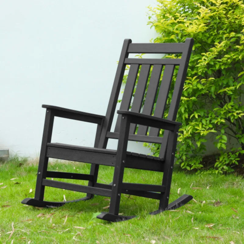 كرسي هزاز كبير الحجم مع نسيج خشبي كرسي هزاز خارجي للبالغين جميع الأحوال الجوية مقاوم للشرفة حديقة الروك باللون الأسود