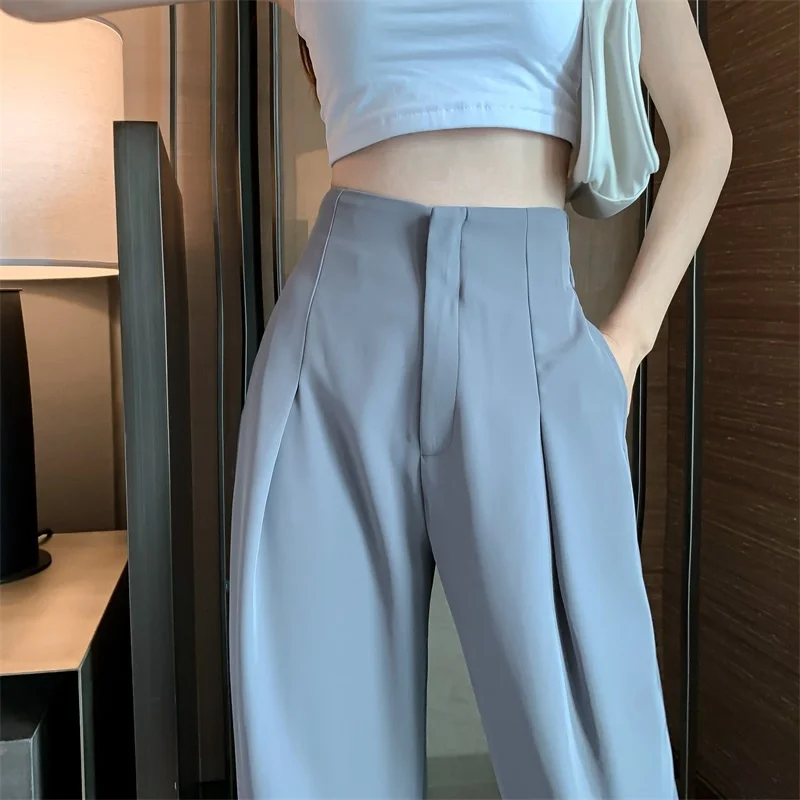 High Waist Drop Feeling Wide Leg Pants Women's 2022 Spring Thin Solid Grey Loose Straight Pants Trousers Casual Suit Pants