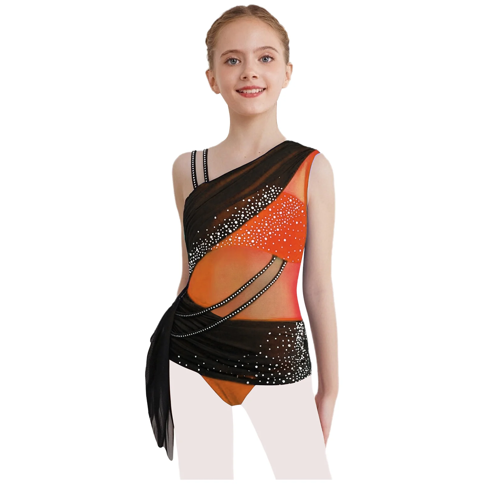 Kids Girls Ballet Gymnastic Leotatd Dancewear Sheer Mesh Bodysuits Lyrical Dance Costume Rhinestones Figure Skating Bodysuits