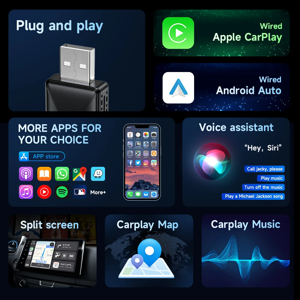 Mini 2 in 1 Wireless CarPlay and Android Auto Adapter Wired to Wireless Retain Original Car Function Plug and Play