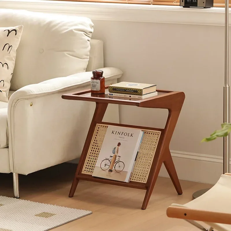 Medieval solid wood small table rack, retro rattan glass movable sofa edge