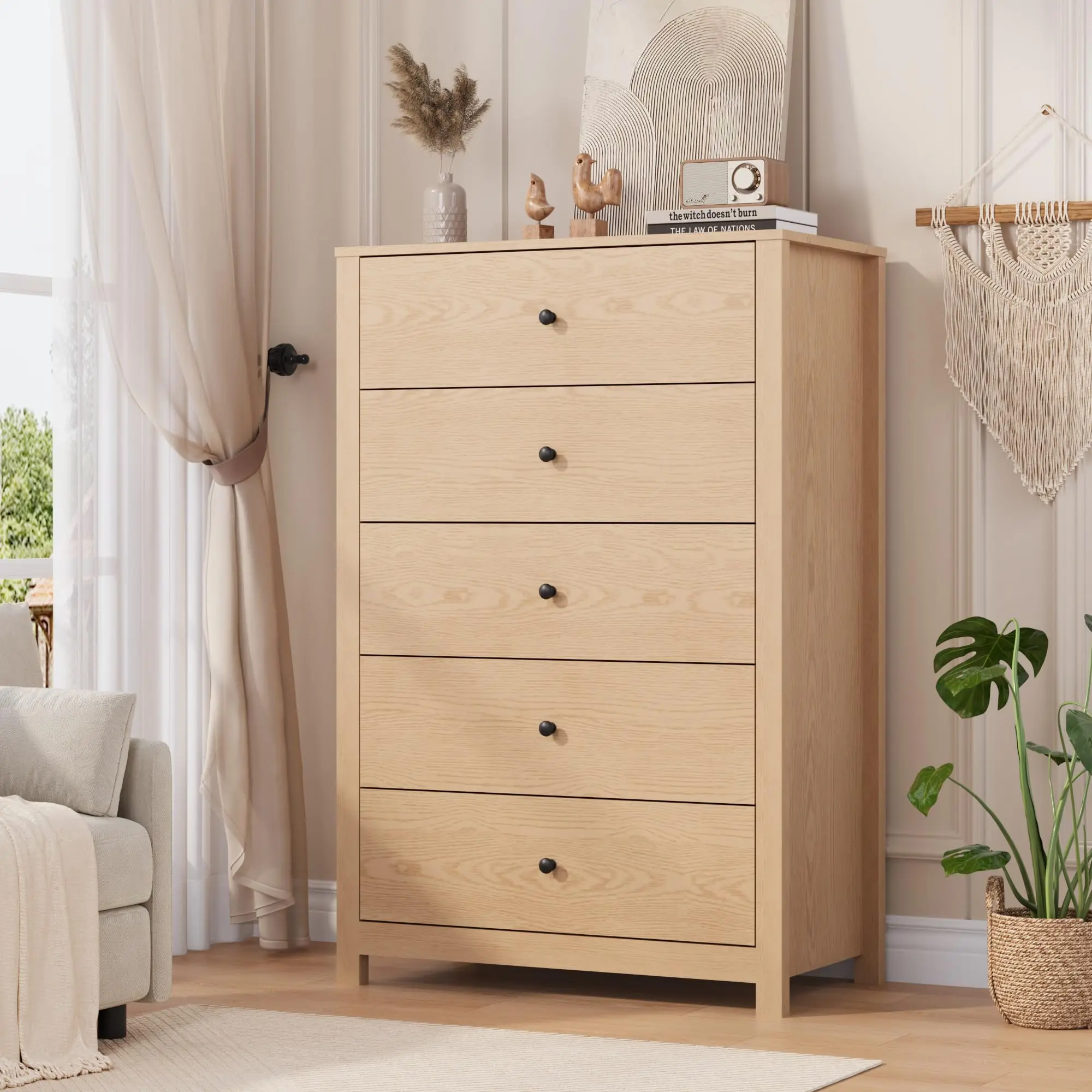Modern Tall 5-Drawer Sideboard Cabinet – Deep Storage Dresser with Metal Knobs – Multipurpose Buffet for Dining Room, Living Room, Entryway – White or Oak Finish