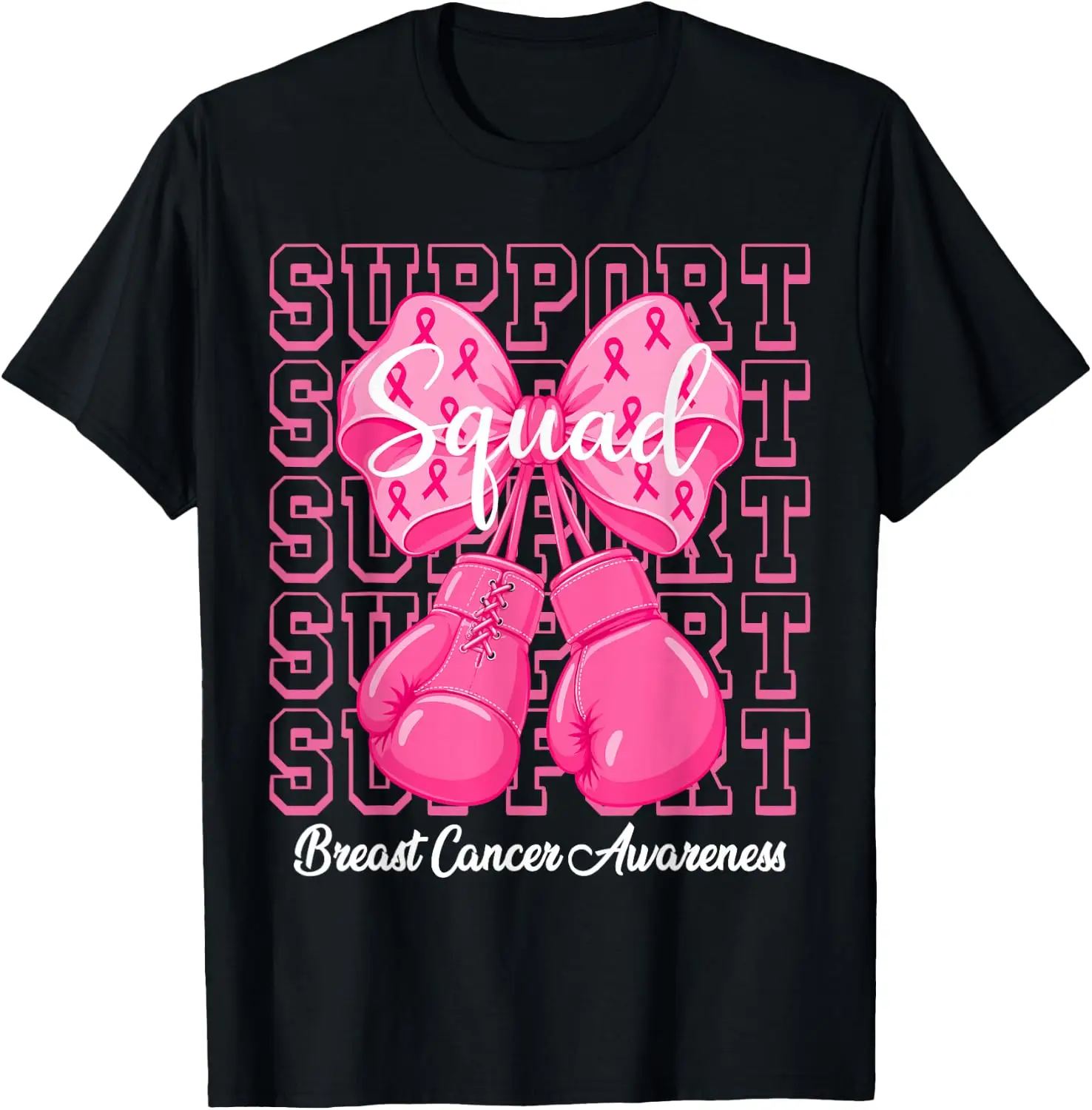Breast Cancer Awareness Support Squad Team Pink Ribbon T-Shirt Versatile, heavyweight pure cotton short-sleeve tee—trendy, thick fabric; a great gift for Christmas or Halloween.