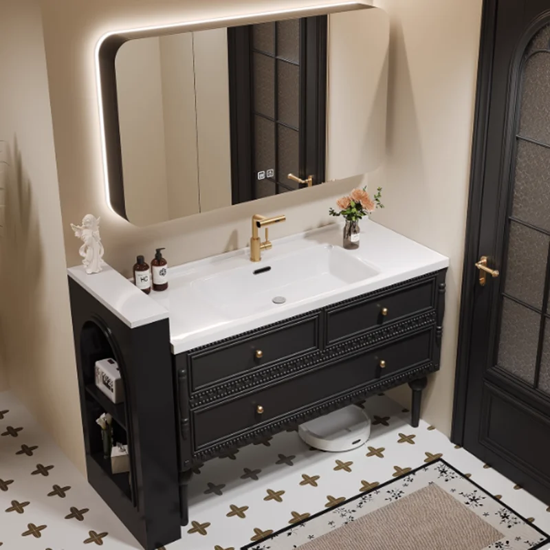 

French retro floor-to-ceiling bathroom cabinet combination bathroom ceramic integrated basin solid wood washing table style