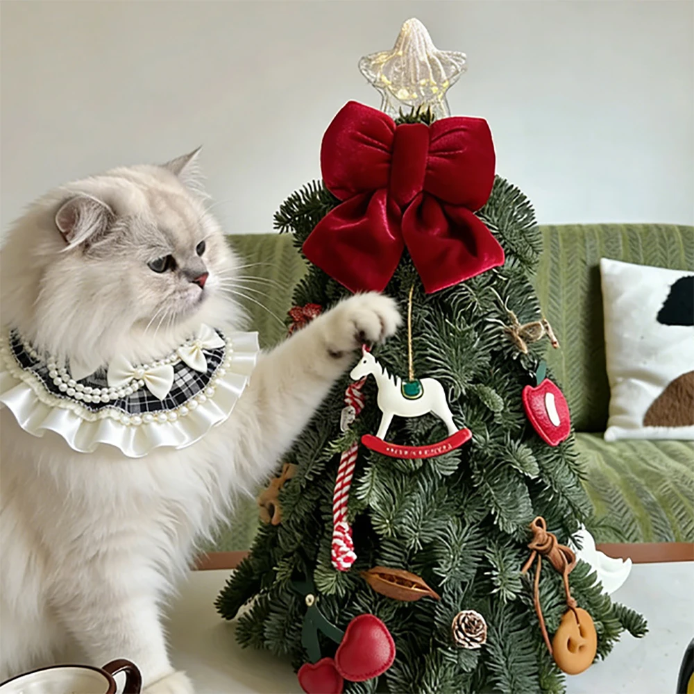 Plaid Pet Collar with Lace Ruffles, Bows and Pearl-Style Beads, Adjustable Decorative Neck Accessory for Parties and Photo Shoot