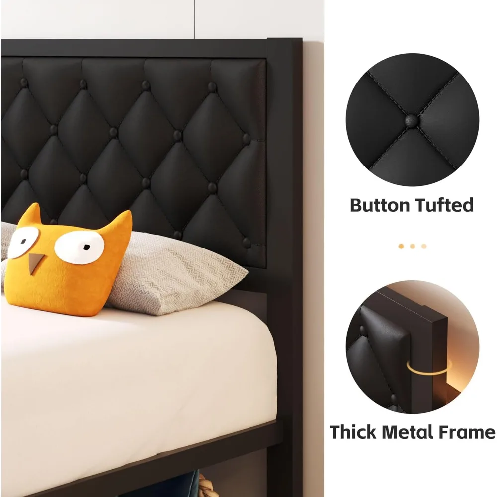 إطار سرير مزدوج مع منصة إطار سرير منجد من جلد البولي يوريثان على اللوح الأمامي، جميع الشرائح المعدنية تدعم إطار سرير بمنصة مع مساحة تخزين