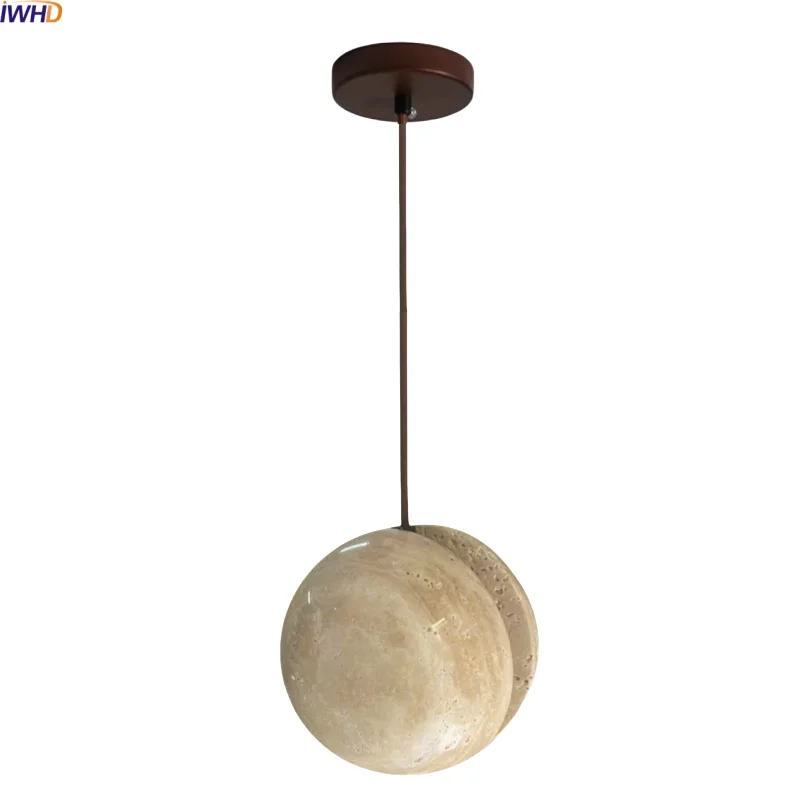 

IWHD Stone Ball LED Pendant Light Hanging Kitchen Bedroom Bedside Minimalist Yellow Travertine Wabi Sabi Pendant Lamp Hanglamp