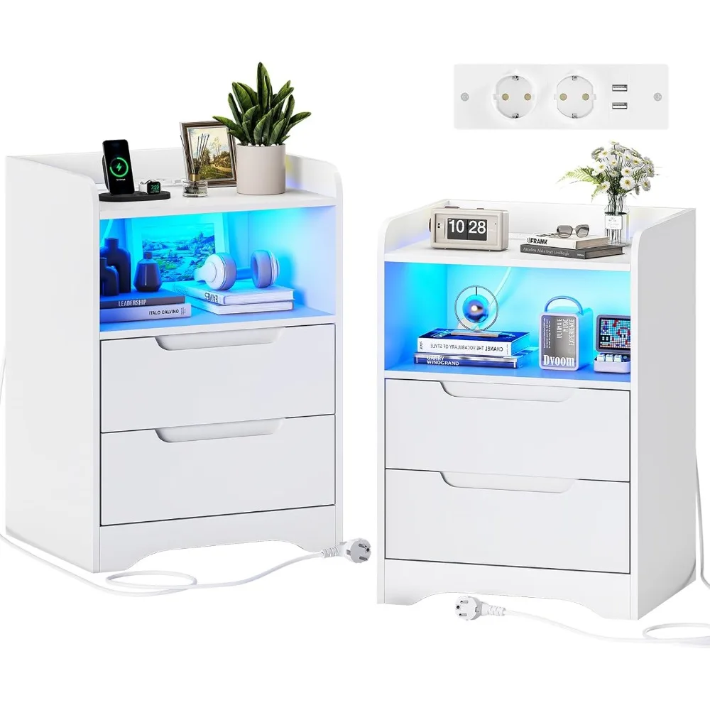 Juego 2 Mesitas Noche con luces LED y Estacional Carga (2 Tomas AC، 2 Portos USB) Mesita Noche Blanca Mesas Auxiliar #1