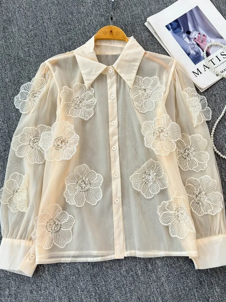 

Summer Heavy Industry Sequin Blouses Women Clothing Sweet 3D Flower Lapel Transparent Thin Long Sleeve Shirt Women Top