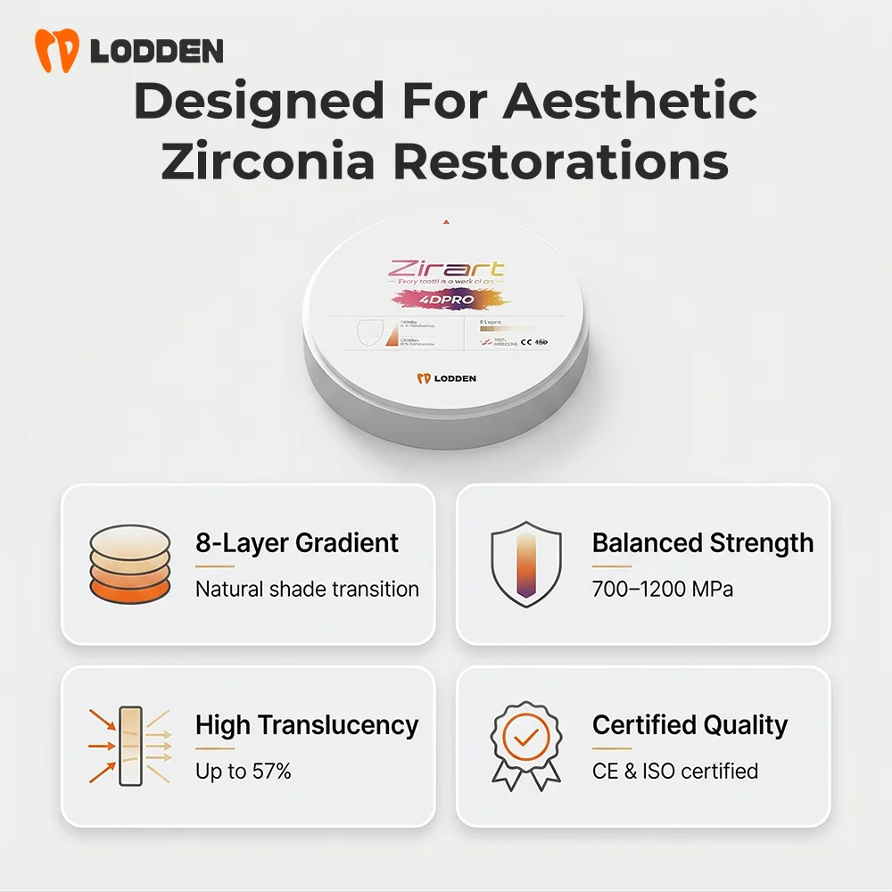 Lodden Dental Lab 4D PRO Zirconia Block 98mm Multilayer Zirconia Disc Block Vita 16 Colors Dental Cad Cam Dental Materials