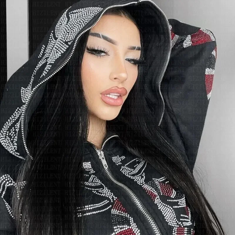 Y2K Aesthetic Rhinestone Skeleton Hoodies Women Gothic Black Zip Up Sweatshirts Female Retro Harajuku Hooded Jacket Streetwear