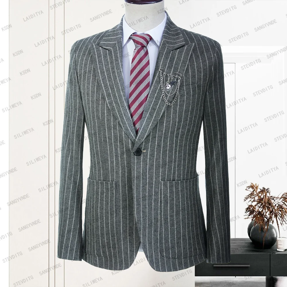 

2023 New Arrival Men Suit Summer Slim Fit Groom Grey Linen White Stripe Wedding Dress Casual Business Formal Jacket Blazer Coat