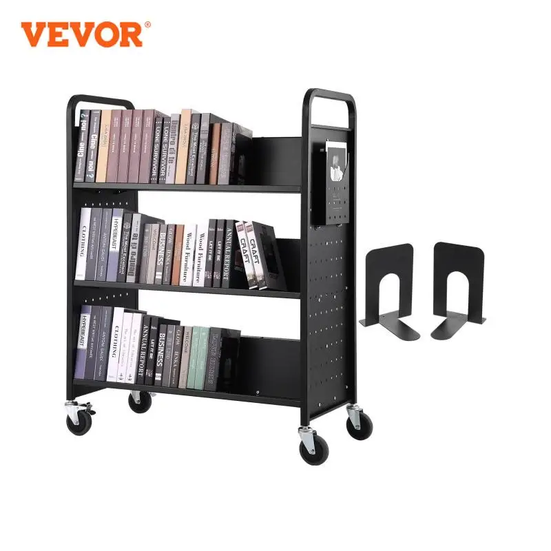 VEVOR 330lbs Library Book Cart Floor Mounted Movable Bookshelf with Wheels Classroom Study Book Storage Rack for Home Office