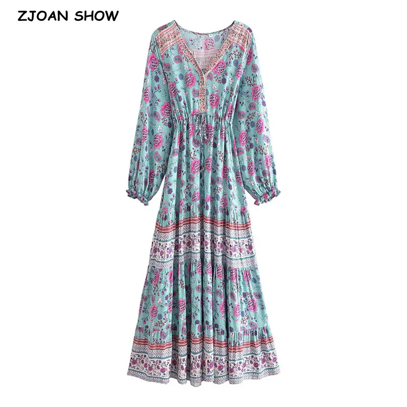 2023 BOHO Contrast Color Flower Print Women Long Sleeve Dress Button V neck Tie Bow Waist Spliced Ruched Hem Holiday Maxi Robe