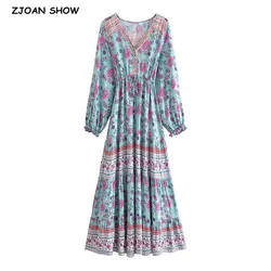 2023 BOHO Contrast Color Flower Print Women Long Sleeve Dress Button V neck Tie Bow Waist Spliced Ruched Hem Holiday Maxi Robe