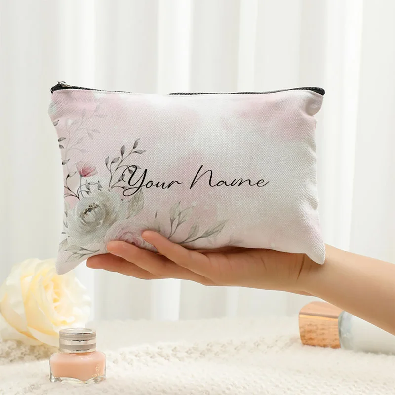 Custom Name Florals Travel Makeup Organizer Cosmetic Bag Women Teacher Gift Bridesmaid Clutch Luxury Canvas Ziplock Side Bag